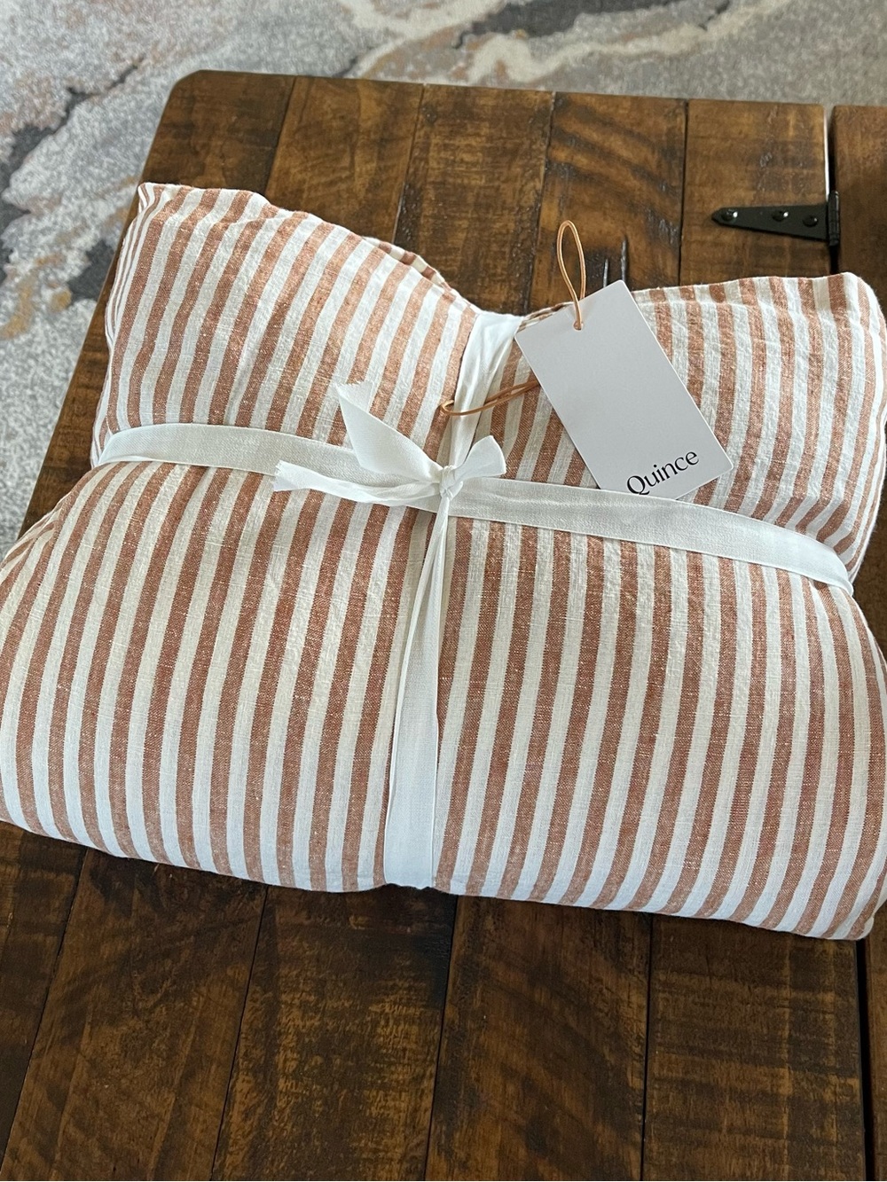 NWT Quince European Linen Stripe Duvet Cover Set, King/Cal (Terracotta/White)